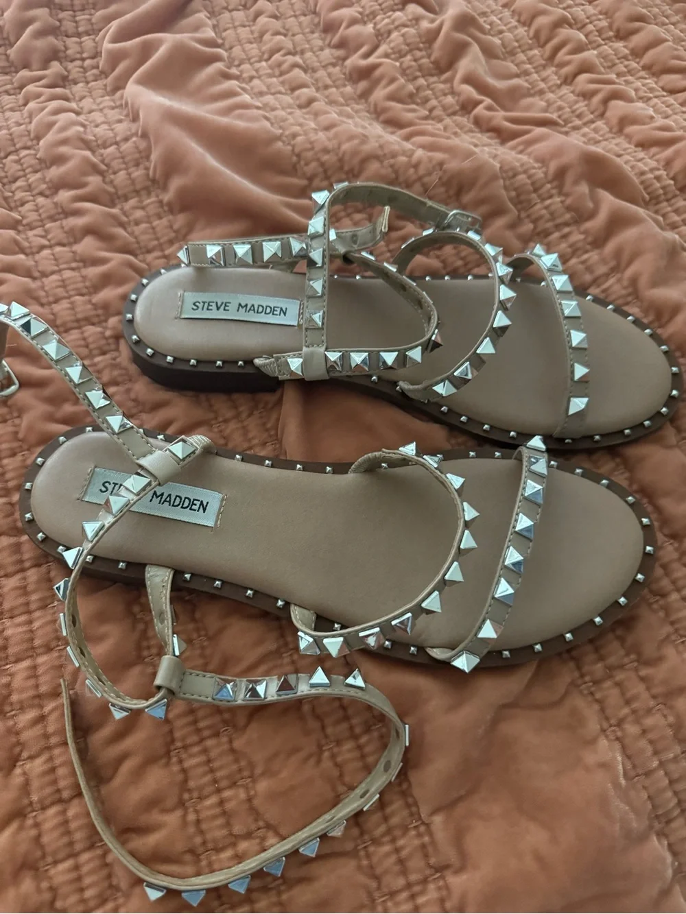 Steve Madden Taupe Studded Ankle-Strap Flat Sandals - Picture 2 of 3